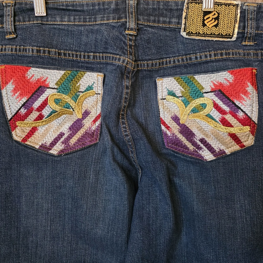 Dark Blue Women’s Jeans with Colorful Embroidered Back Pockets - Picture 5 of 8